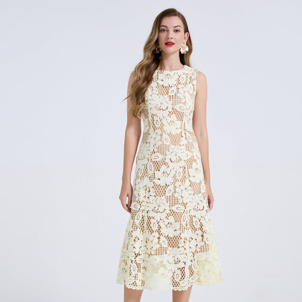 CM-DY072891 Women Elegant European Style Round Neck Sleeveless Pinched Waist Slim Midi Dress - Yellow