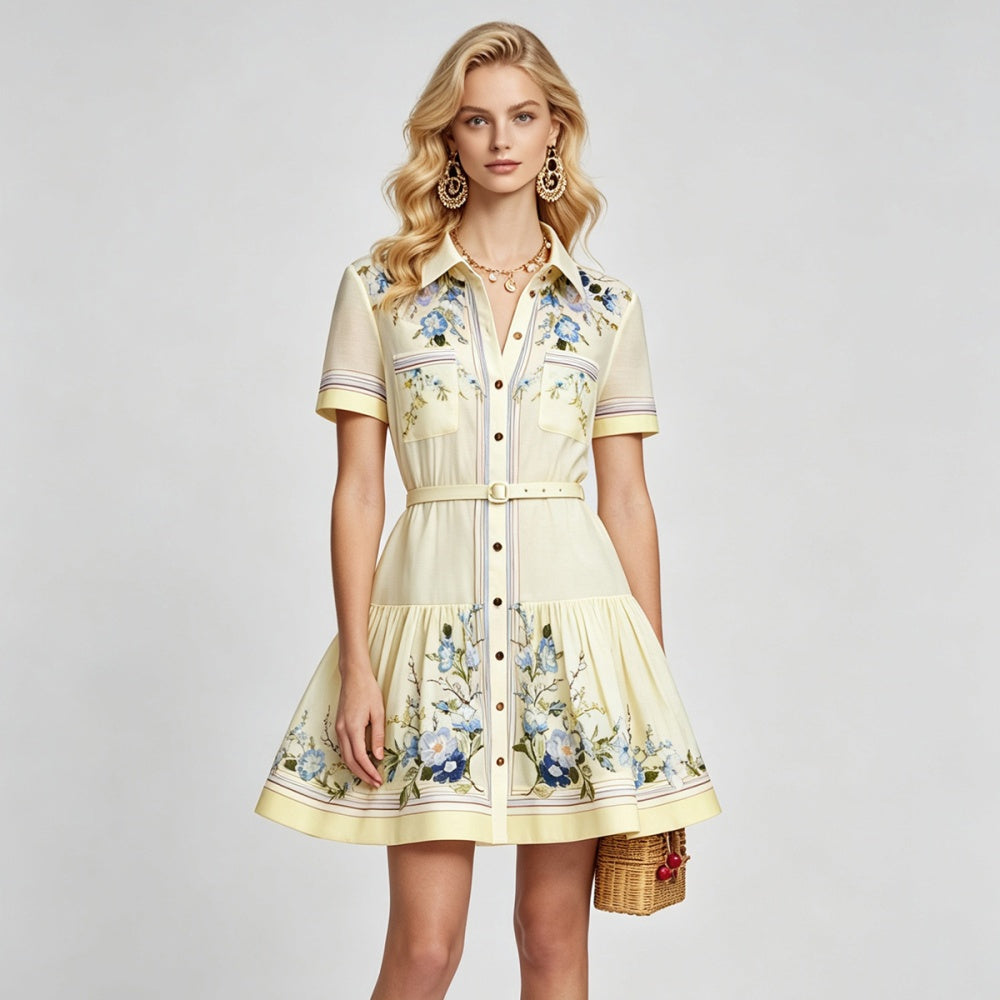 CM-DY072892 Women Elegant European Style Collar Neckline Short Sleeve High Waist Mini Dress - Yellow