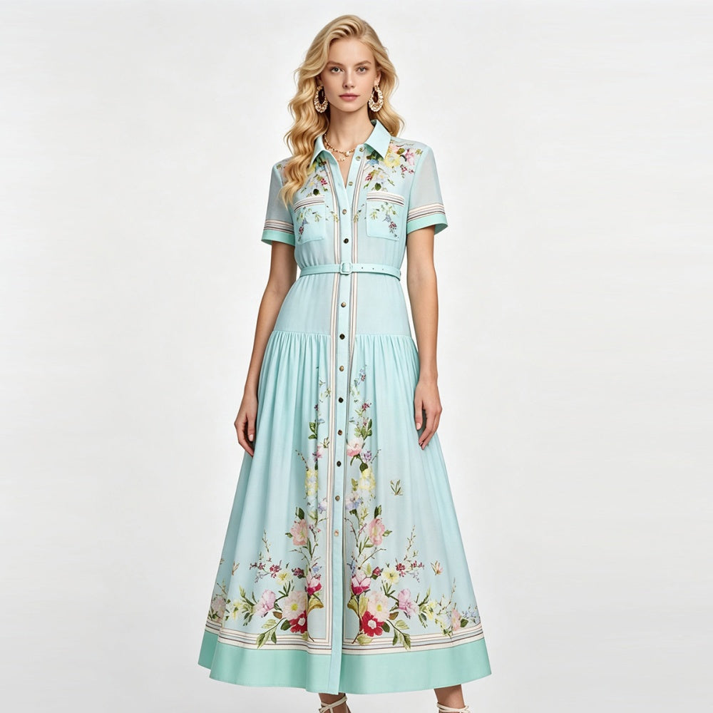 CM-DY072893 Women Elegant European Style Collar Neckline Short Sleeve High Waist A-Line Midi Dress