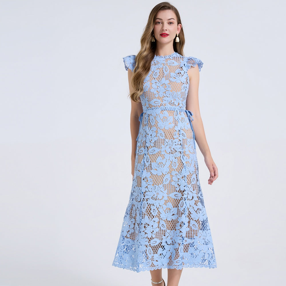 CM-DY072895 Women Elegant European Style Round Neck Boat Sleeve High Waist Hollow Out Midi Dress - Blue