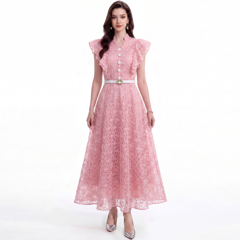 CM-DY072922 Women Elegant European Style Hollow Lace Stand Collar Sleeveless Belted Mid-Length Dress - Pink