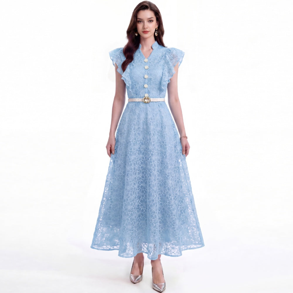 CM-DY072923 Women Elegant European Style Hollow Lace Stand Collar Sleeveless Belted Mid-Length Dress - Blue
