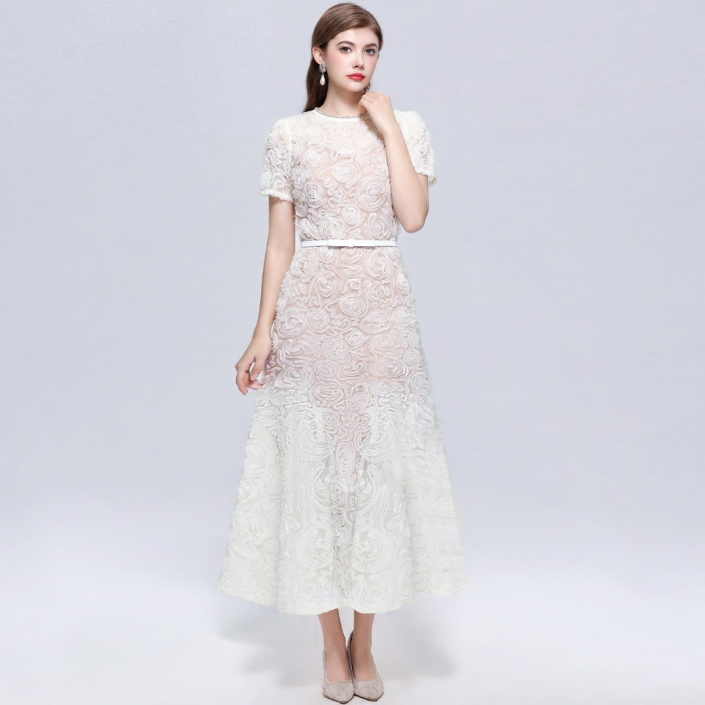 CM-DY073271 Women Elegant European Style Round Neck Short Sleeve Disk Floral Decor Belted Midi Dress - Apricot
