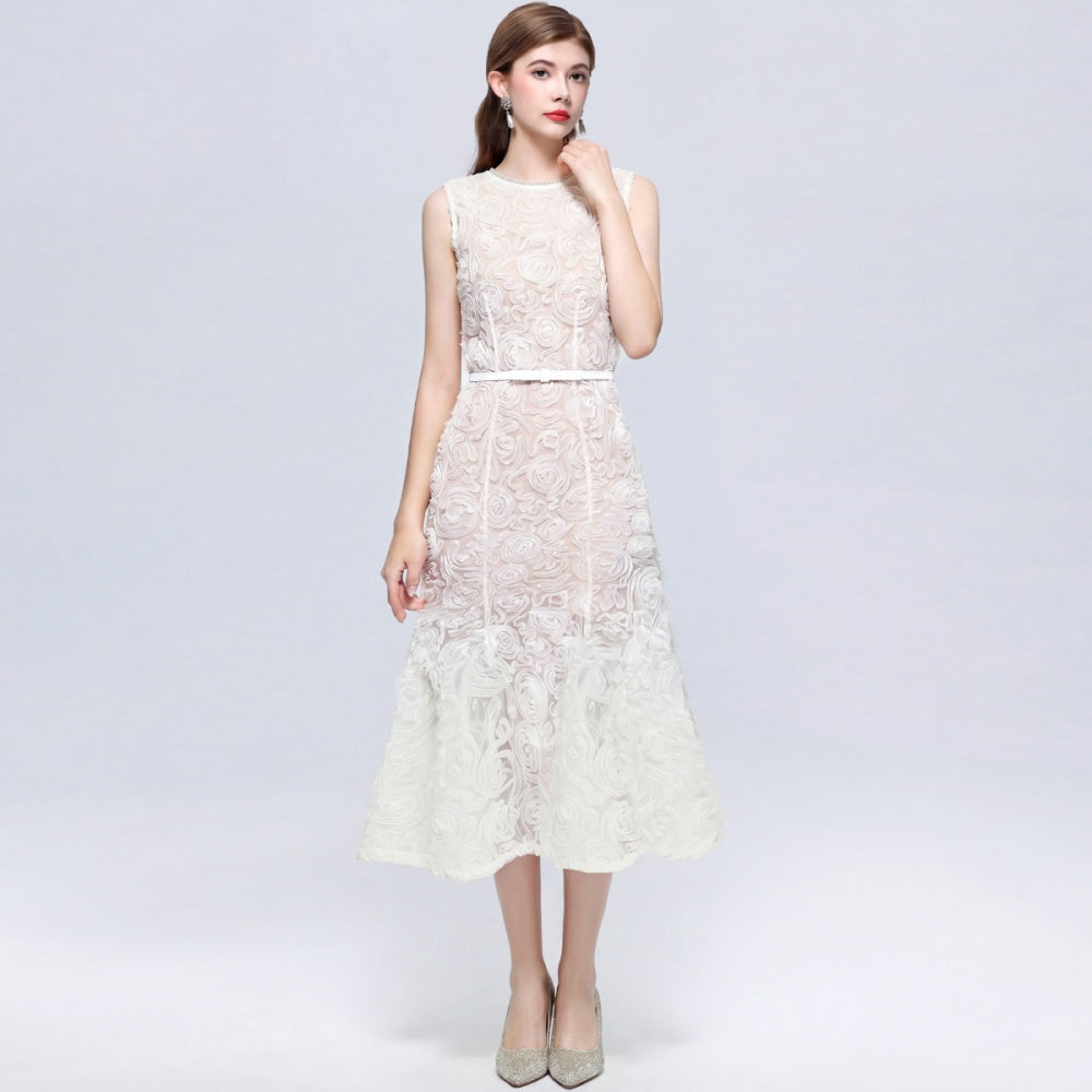 CM-DY073272 Women Elegant European Style Round Neck Sleeveless Disk Floral Decor Belted Midi Dress - Apricot