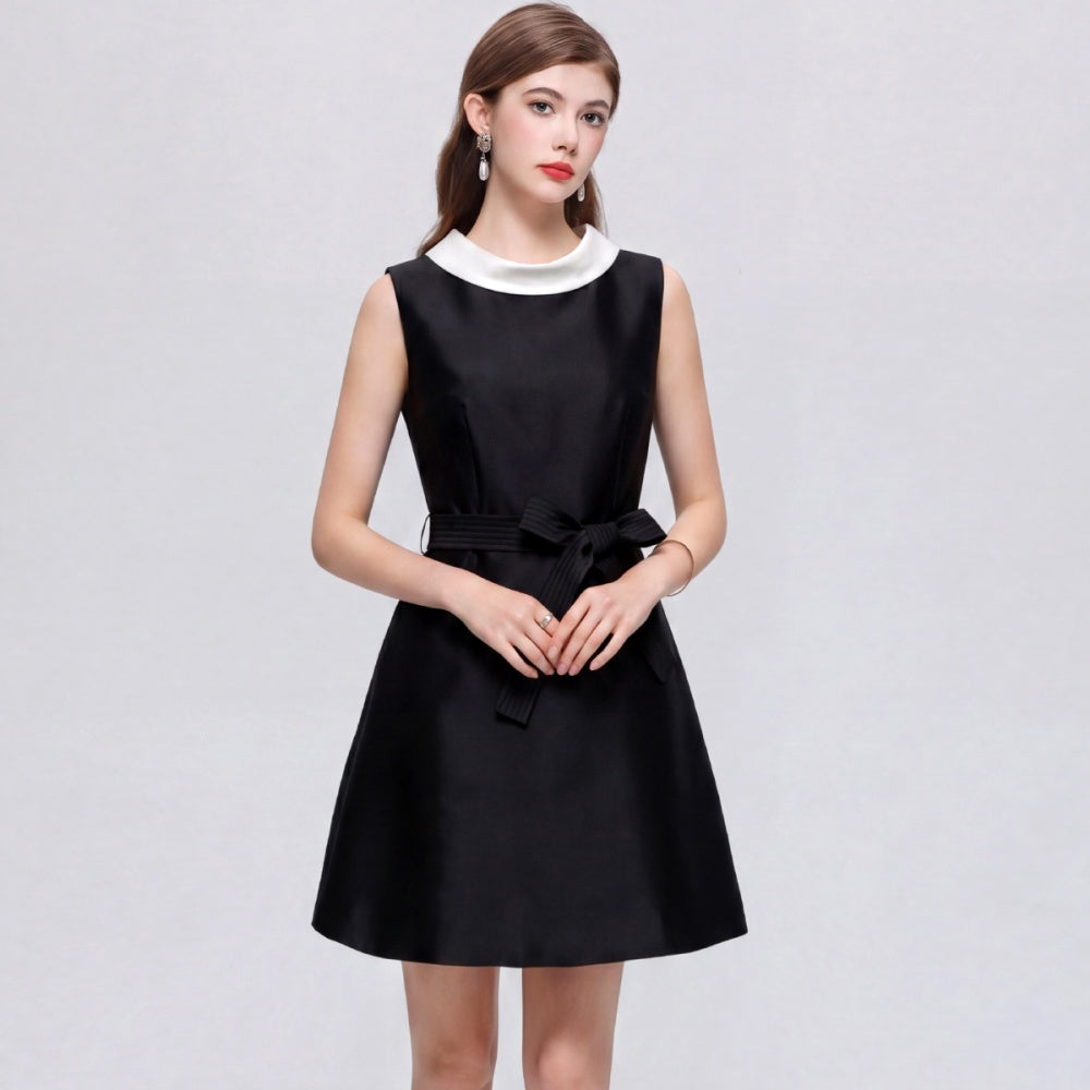 CM-DY073311 Women Elegant European Style Round Neck Sleeveless Satin Bow A-Line Mini Dress - Black