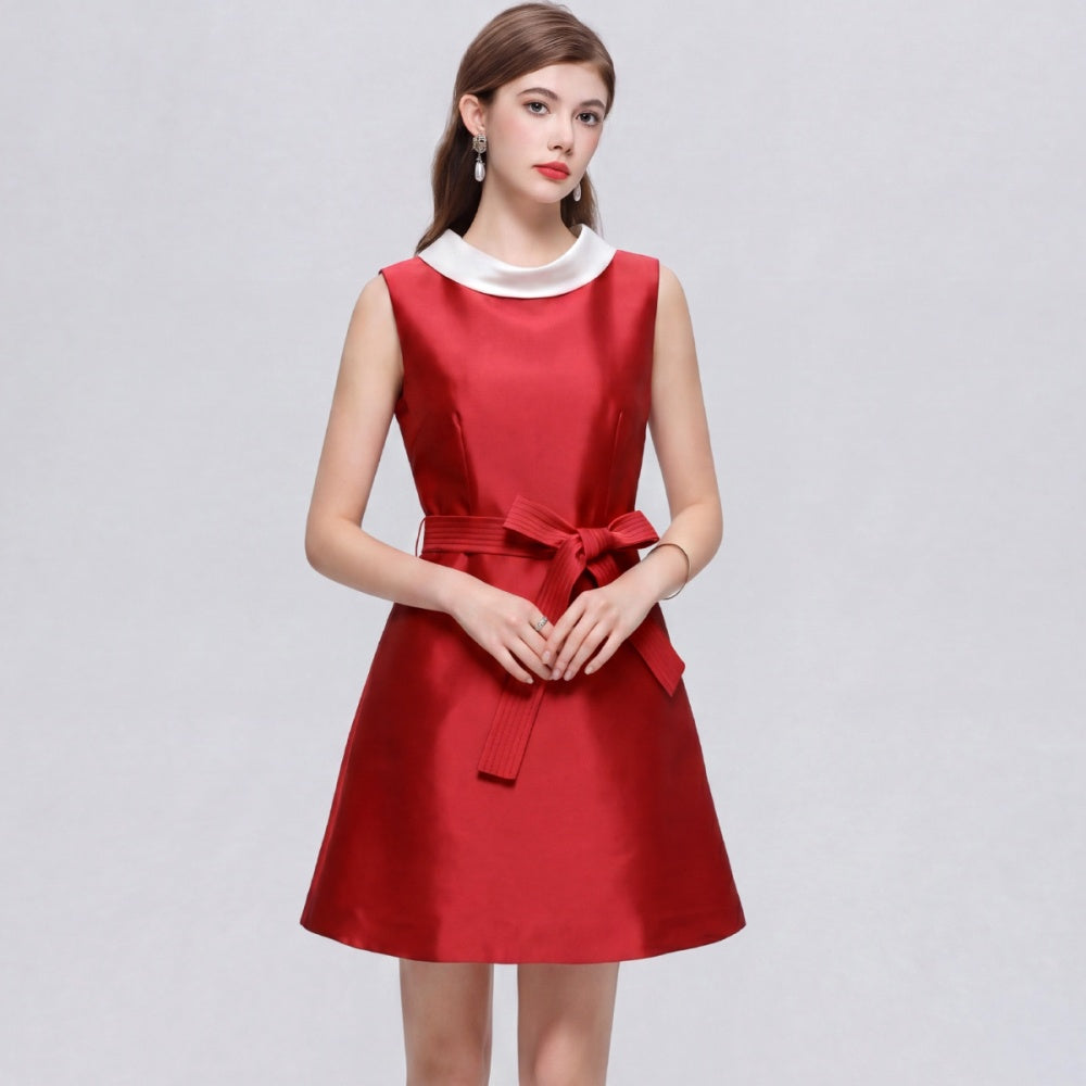 CM-DY073312 Women Elegant European Style Round Neck Sleeveless Satin Bow A-Line Mini Dress - Red