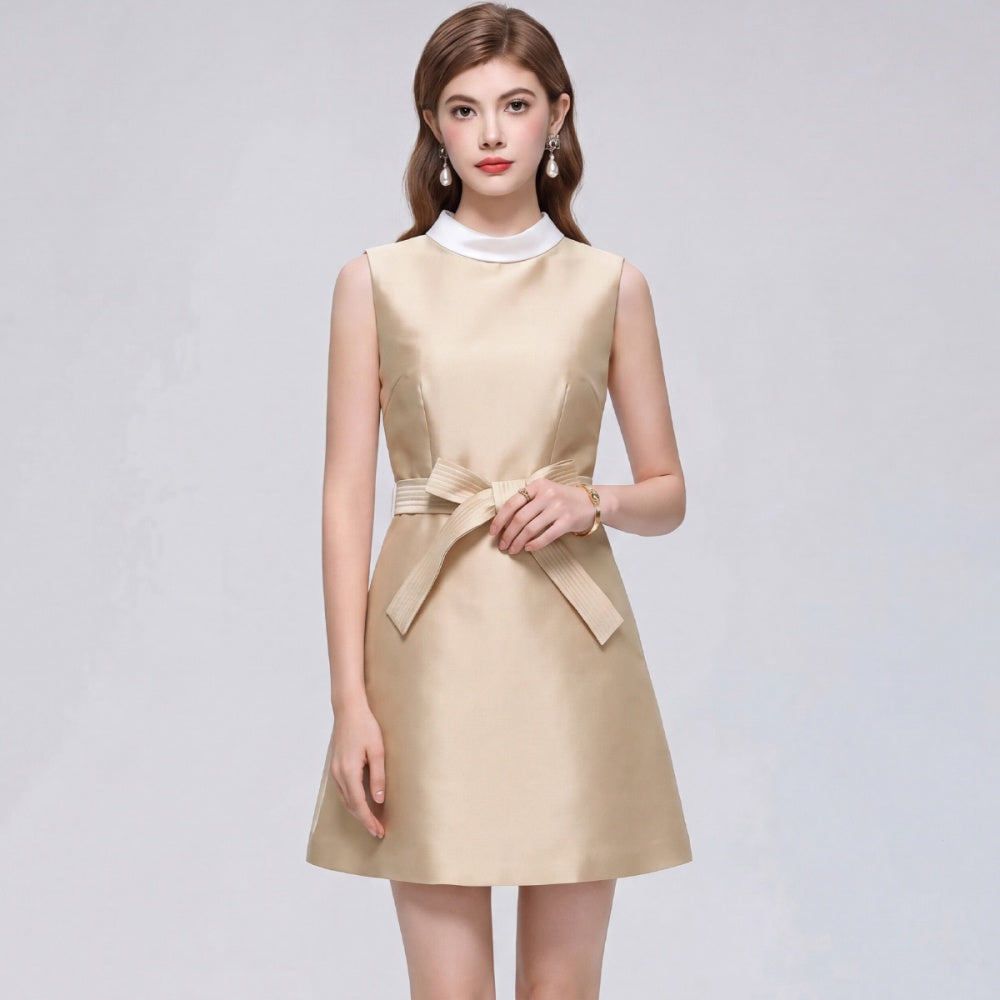 CM-DY073313 Women Elegant European Style Round Neck Sleeveless Satin Bow A-Line Mini Dress - Khaki