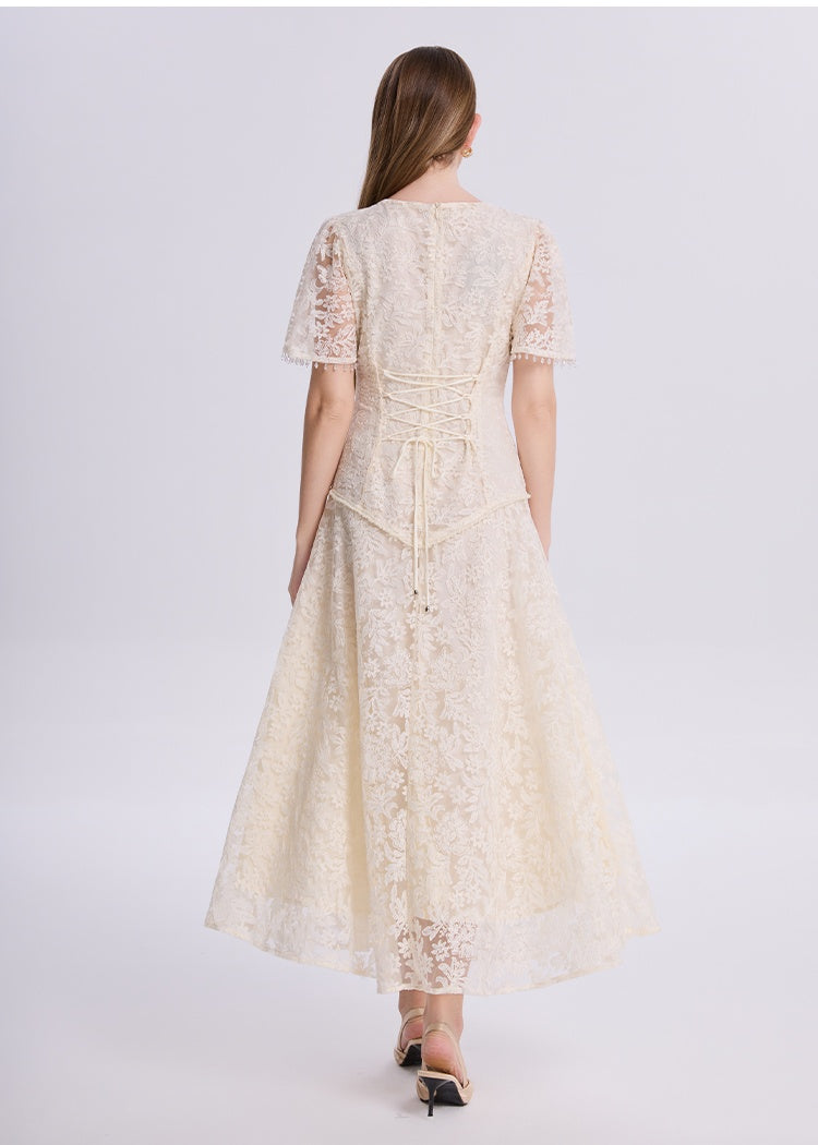 CM-DY073407 Women Elegant European Style V-Neck Short Sleeve Embroidered Tassels Back Dress - Apricot