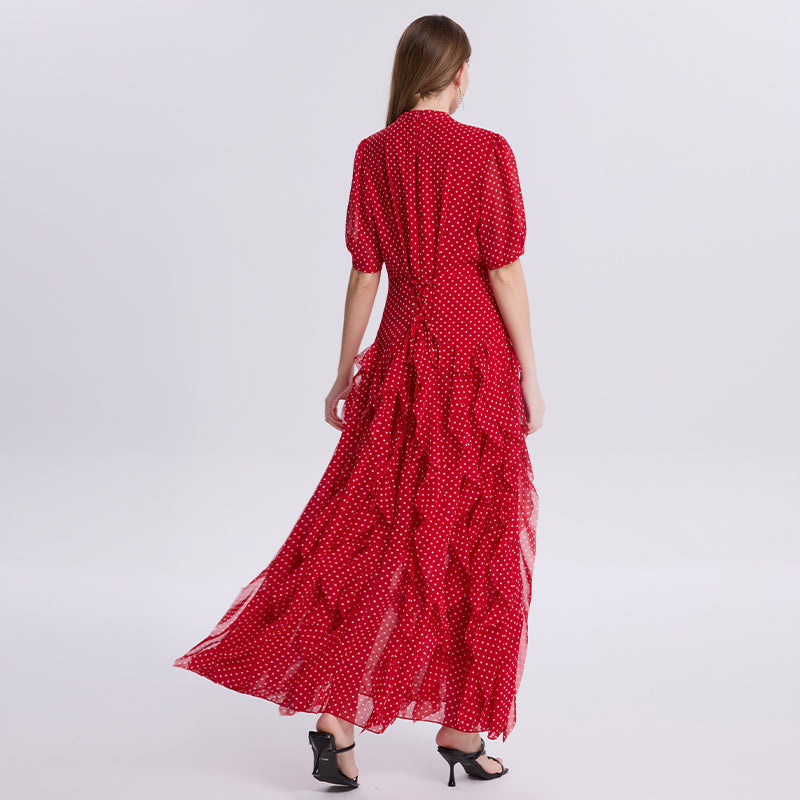 CM-DY073408 Women Elegant European Style Round Neck Short Sleeve Elastic Waist Mermaid Dress - Red