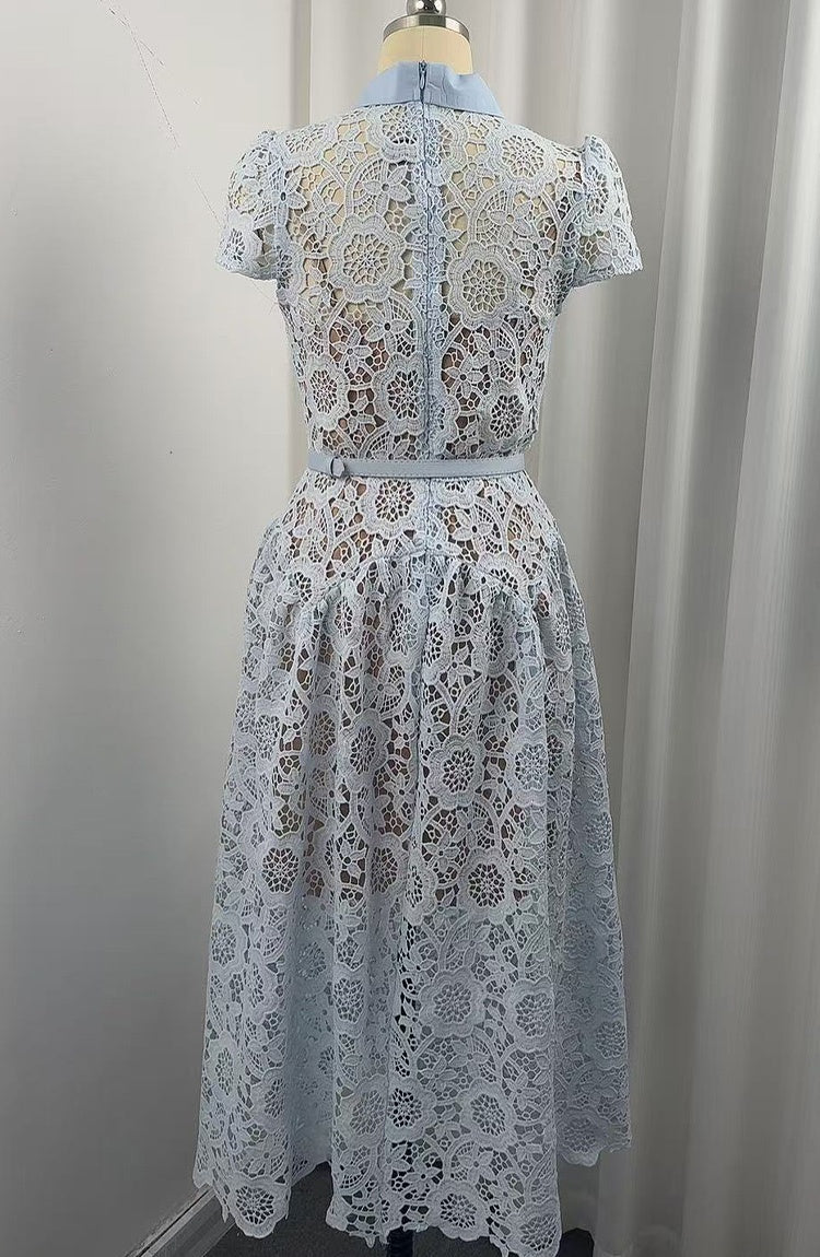 CM-DY073717 Women Elegant European Style Round Neck Short Sleeve Lace Hollow Out Mid-Length Dress - Blue