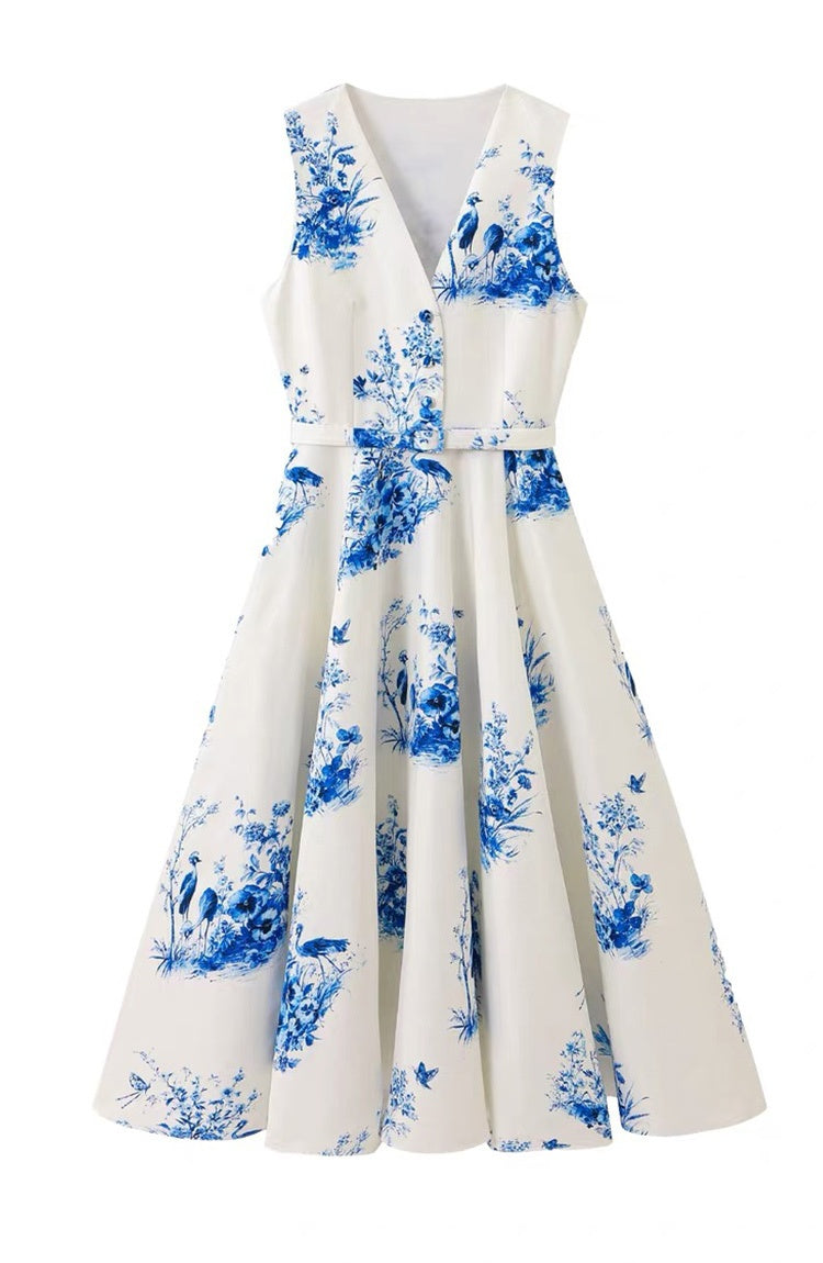 CM-DY074095 Women Elegant European Style Round Neck Sleeveless Pinched Waist Mid-Length Dress