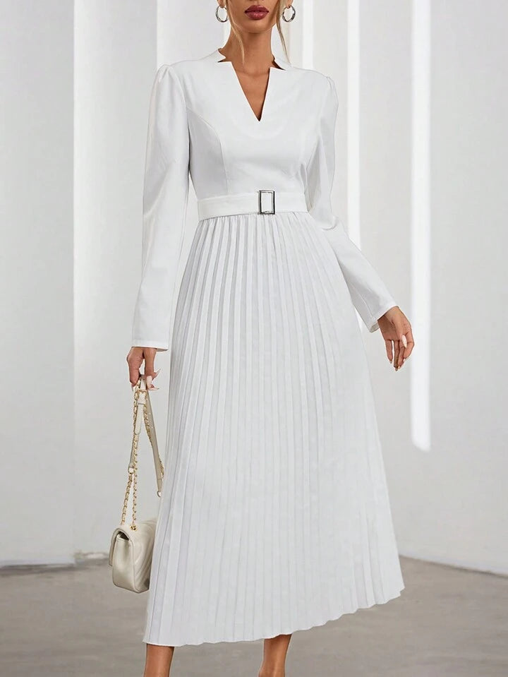 CM-DS437355 Women Elegant Seoul Style V-Neck Long Sleeve Waist Tie Pleated Hem Dress - White