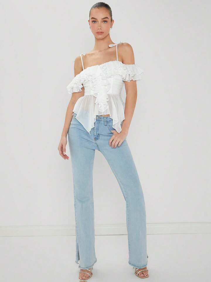 CM-TS864474 Women Casual Seoul Style Off-Shoulder Ruffle Trim Decoration Top - White