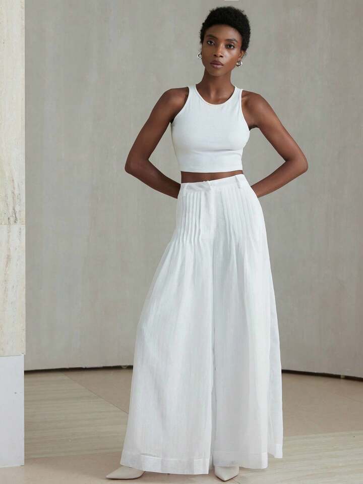 CM-BS884254 Women Casual Seoul Style Mid Elastic Waist Pleated Wide Leg Pants - White
