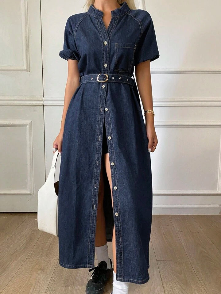 CM-DS617470 Women Casual Seoul Style V-Neck Waist Cinched Short Sleeve Mid-Length Denim Dress - Blue