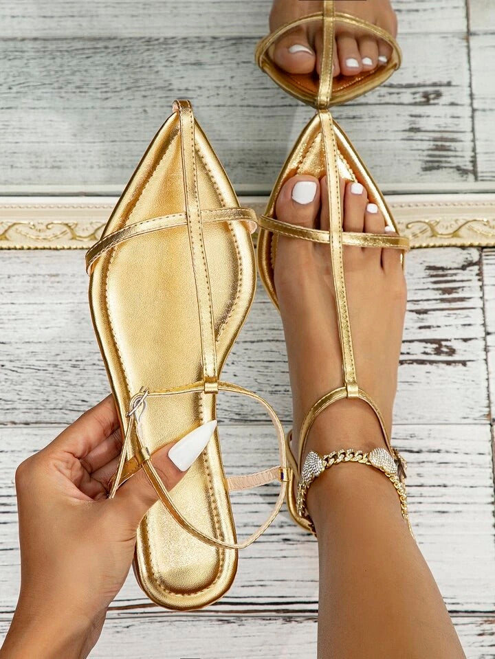 CM-SHS790122 Women Trendy Seoul Style Metallic Ankle Strap Sandals - Gold