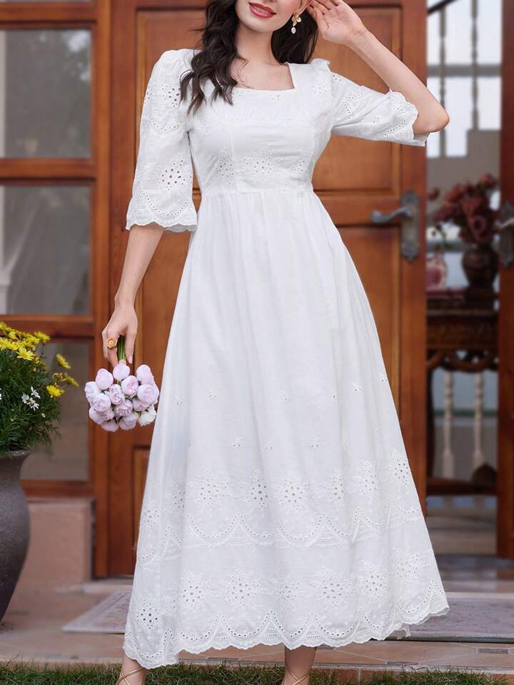 CM-DS576511 Women Trendy Bohemian Style Square Neck Embroidered 3/4 Sleeve Maxi Dress - White