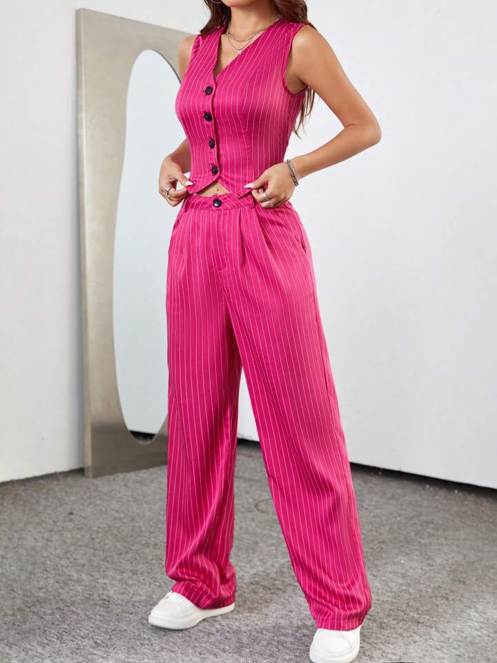 CM-SS443989 Women Casual Seoul Style Stripe Single-Breasted Suit Vest With Pleated Tapered Pants Suit - Hot Pink