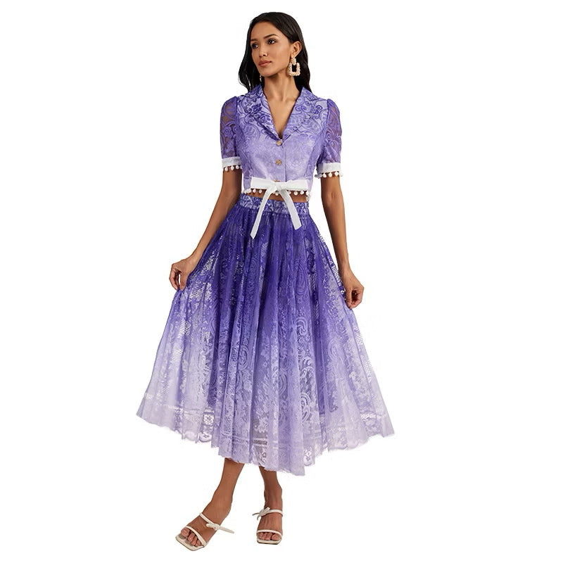 CM-SY044423 Women Elegant European Style Collar Neckline Short Sleeve Cropped Top With Long Skirt - Set