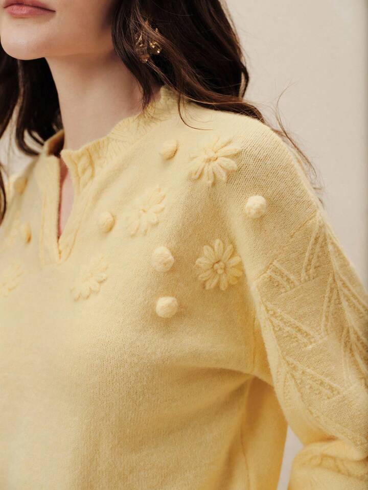 CM-CS731179 Women Elegant Seoul Style Embroidered Floral Motched Neckline Loose Knit Pullover Sweater - Yellow