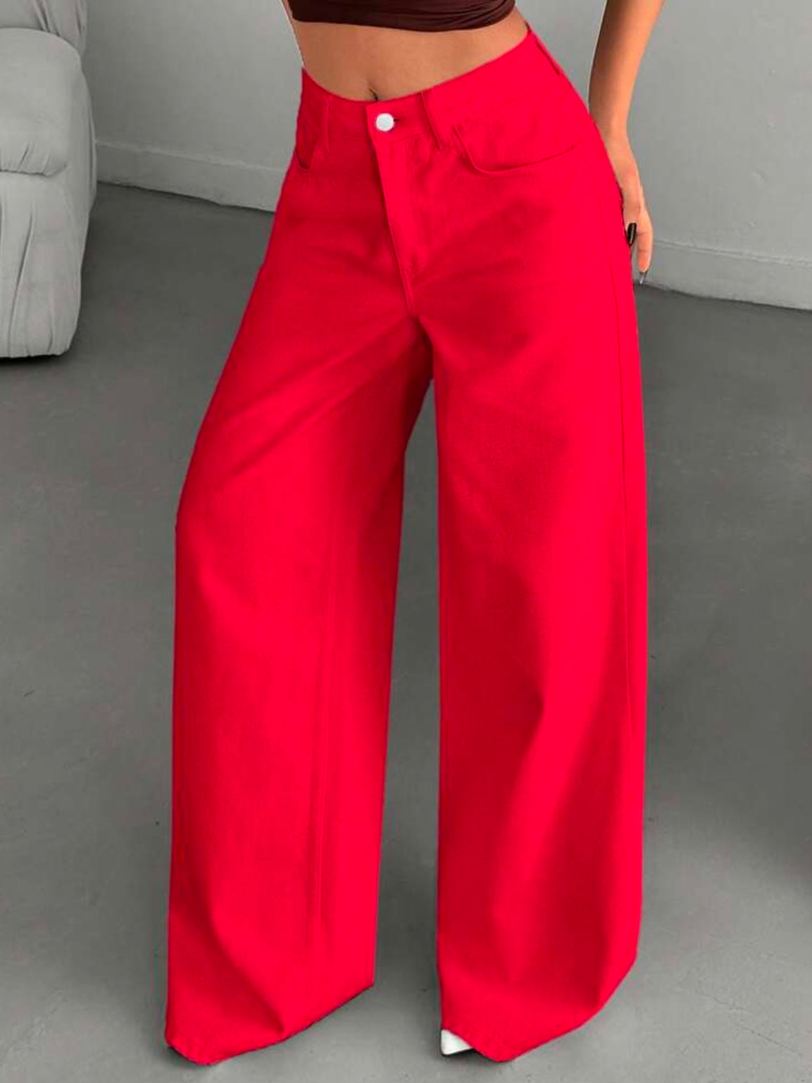 CM-BS216874 Women Casual Seoul Style High-Waisted Wide-Leg Denim Jeans - Red