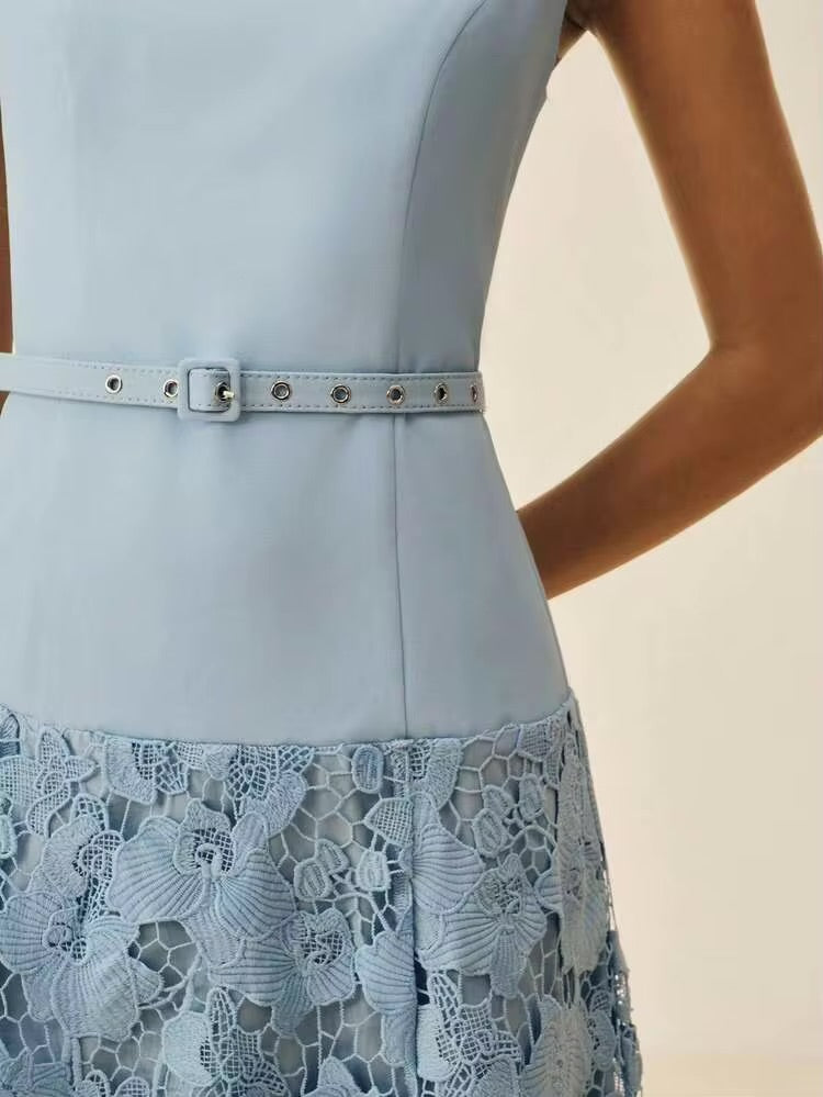 CM-DS725725 Women Elegant Seoul Style Stand Collar Sleeveless 3D Floral Design A-Line Long Dress - Blue