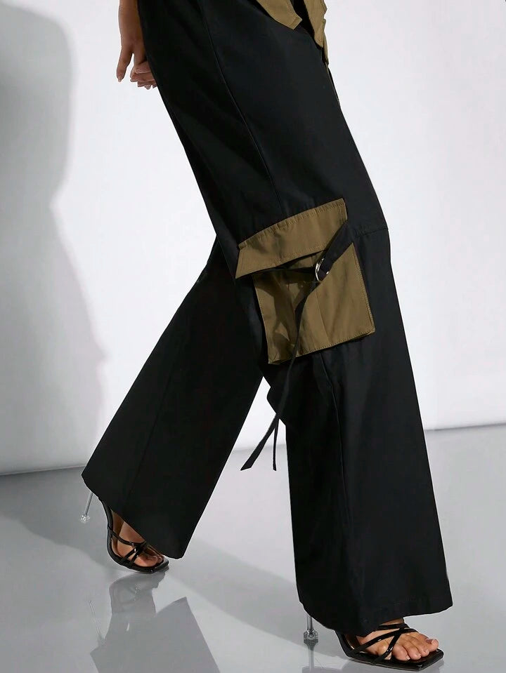 CM-BS944447 Women Elegant Seoul Style Contrast Cargo Strap Wide Leg Pants