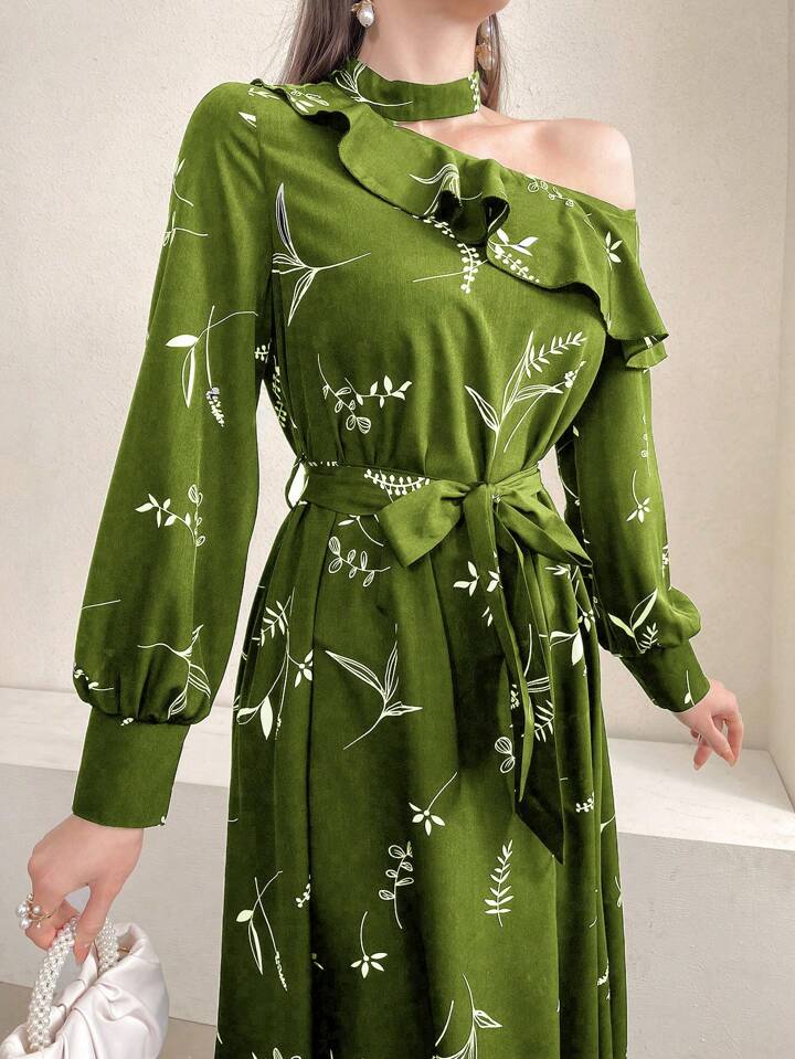 CM-DS887019 Women Casual Seoul Style Print Asymmetrical Collar Belted Pleated Long Sleeve Dress