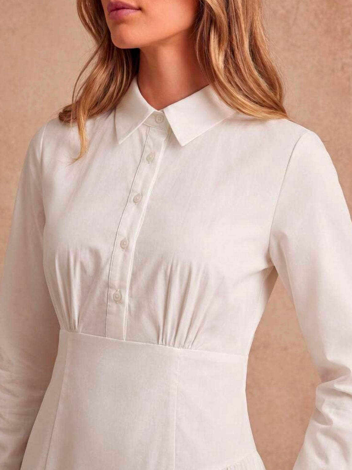 CM-DS246517 Women Elegant Seoul Style Collar Neckline 3/4 Sleeve Pleated Cinched Waist Dress - White