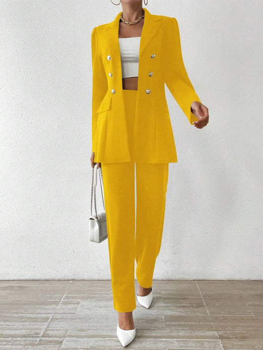 CM-SS464862 Women Elegant Seoul Style Double-Breasted Blazer With Trousers Suit - Yellow