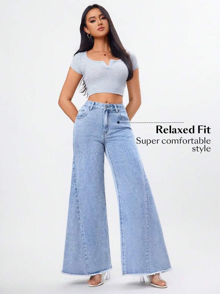 CM-BS896065 Women Casual Seoul Style Light Wash High Waist Raw Hem Wide Leg Jeans
