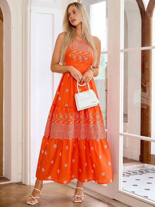 CM-DS245184 Women Trendy Bohemian Style Embroidery Halter Neck Backless Dress - Orange