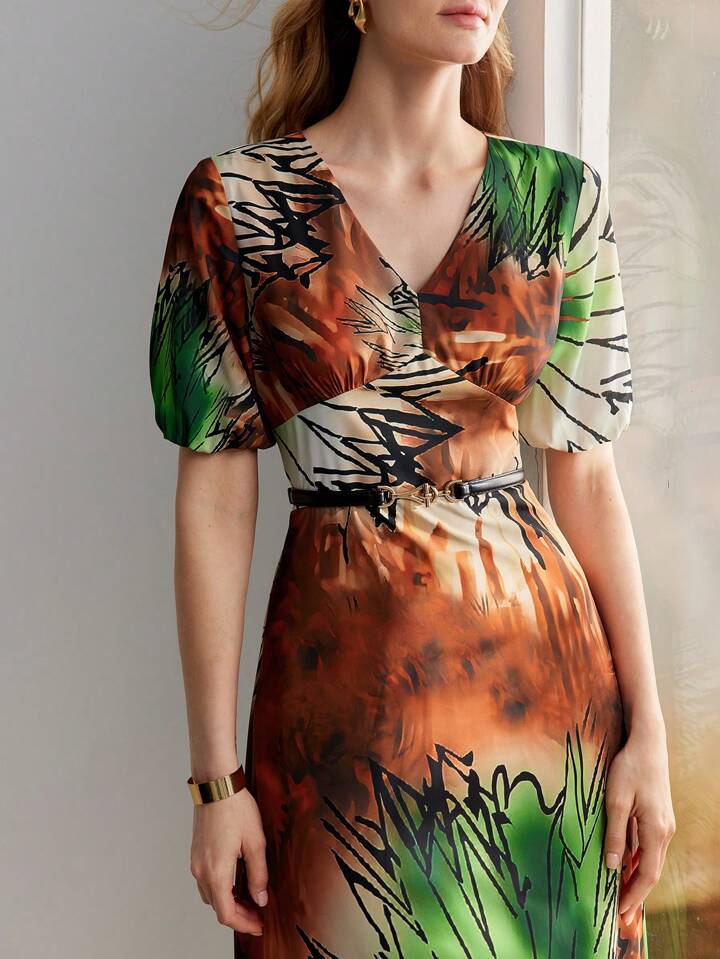 CM-DS293333 Women Elegant Seoul Style Tie-Dye Printed V-Neck Short Puff Sleeve Maxi Dress