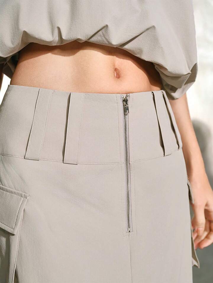 CM-BS662597 Women Casual Seoul Style Front Zipper Patch Pocket Drawstring Waist Cargo Maxi Skirt - Khaki