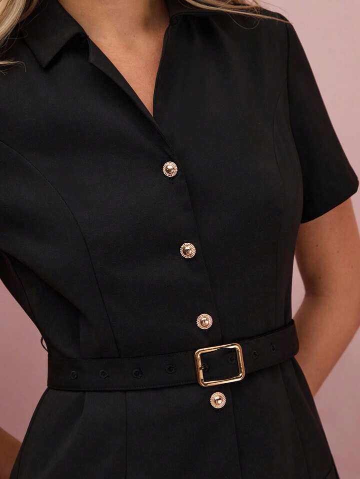 CM-DS929550 Women Elegant Seoul Style Collar Neckline Short Sleeve Single-Breasted Pleated Hem Belted Mini Dress