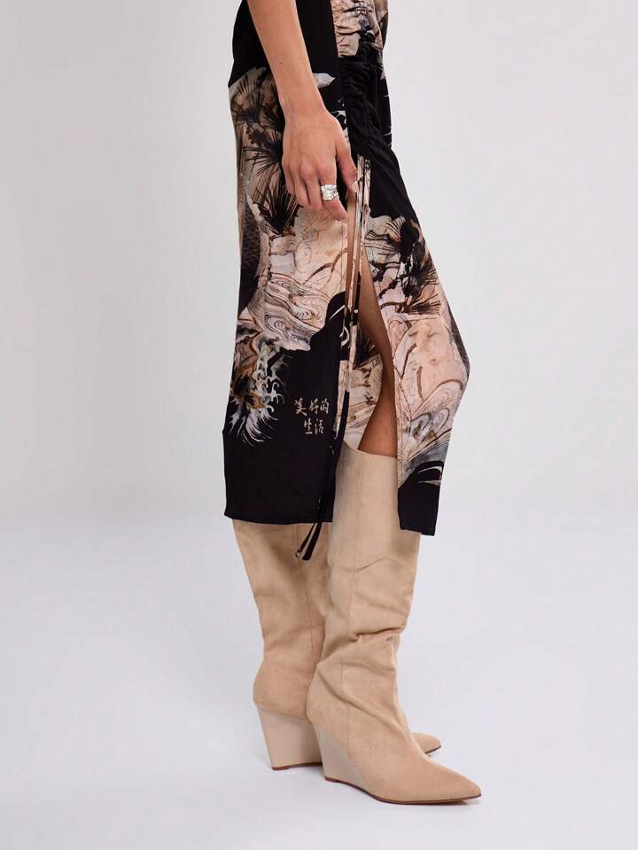 CM-DS409556 Women Casual Seoul Style Mesh Ruched Strappy Sleeveless Midi Dress