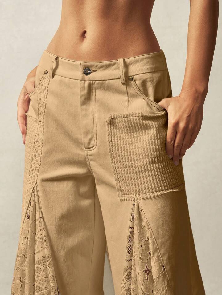 CM-BS197303 Women Trendy Bohemian Style Solid Color Mid-Waist Lace Wide Leg Palazzo Pants - Camel