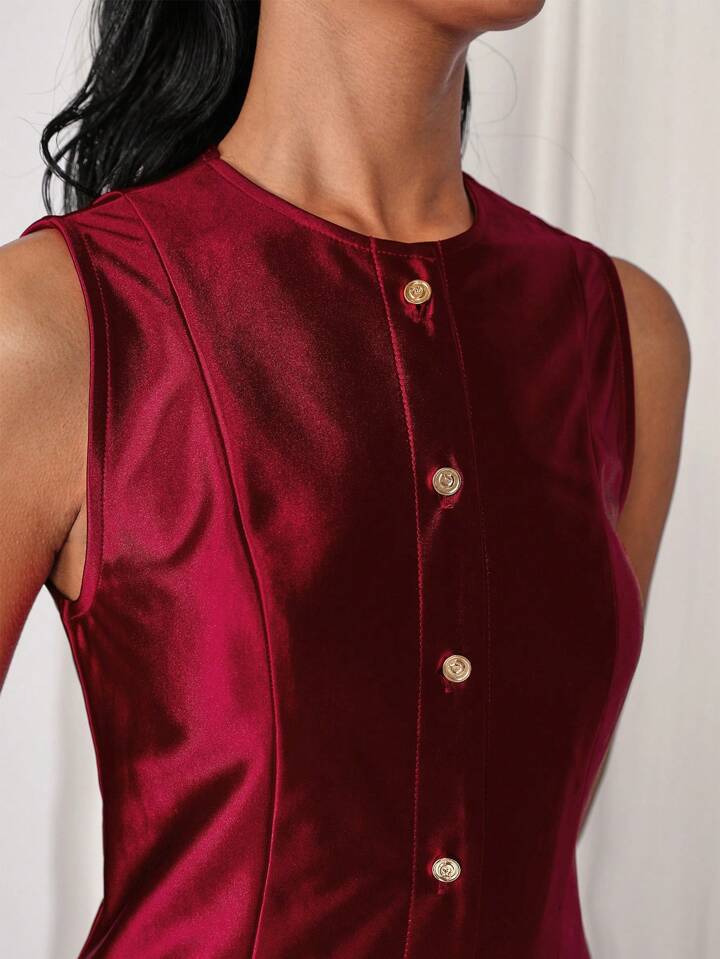 CM-DS558225 Women Elegant Seoul Style Solid Color Front Button Sleeveless Mini Dress - Burgundy