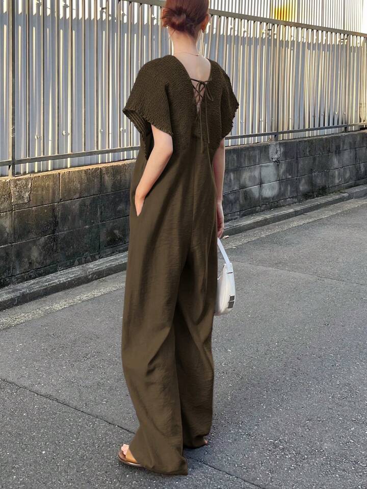 CM-JS692562 Women Trendy Bohemian Style V-Neck With Drawstring Jumpsuit Trousers - Olive Green