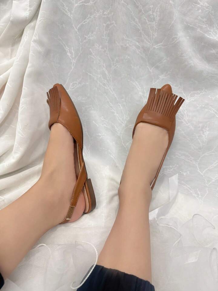 CM-SHS473730 Women Trendy Seoul Style Tassel Design Ankle Strap Flat Shoes - Rust Brown