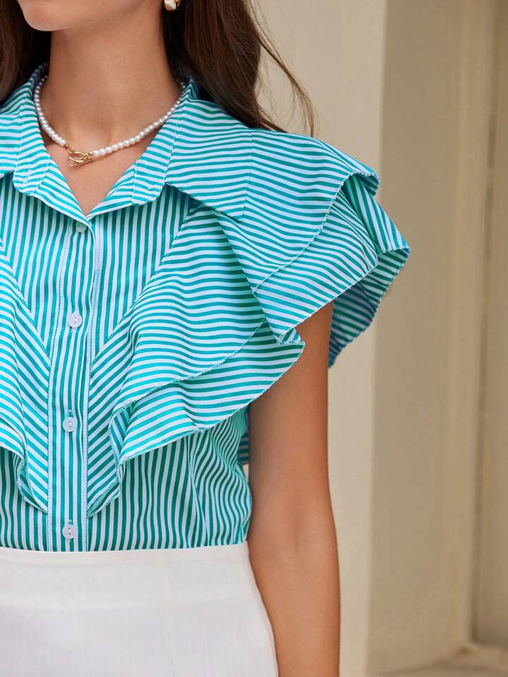 CM-TS797779 Women Casual Seoul Style Striped Layered Short Flutter Sleeve Ruffle Trim Blouse