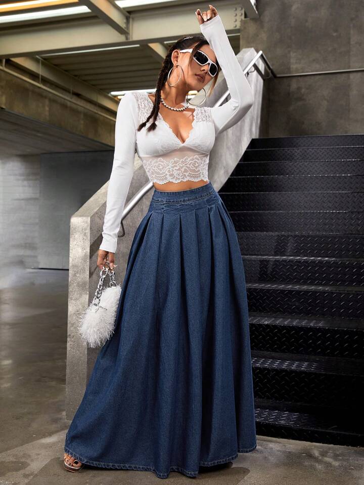 CM-BS419981 Women Casual Seoul Style Low Waist Extra Long Loose Denim Skirt - Blue