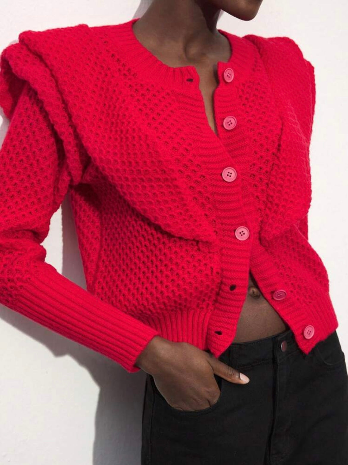 CM-CS833679 Women Casual Seoul Style Lace Patchwork Long Sleeve Cardigan Sweater - Red