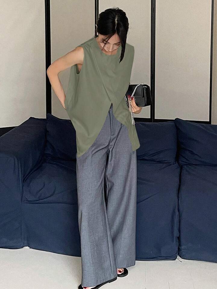 CM-TS250444 Women Casual Seoul Style Solid Color Wrap Side Slit Sleeveless Tank Top - Green
