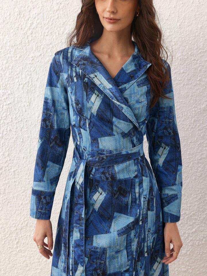 CM-DS016397 Women Elegant Seoul Style V-Neck Long Sleeve Patchwork Print Overlap Collar Denim Dress