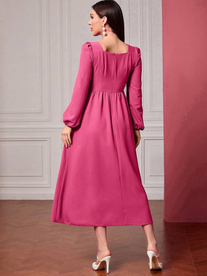 CM-DS108055 Women Casual Seoul Style Square-Neck Pleated Long-Sleeved Dress - Hot Pink