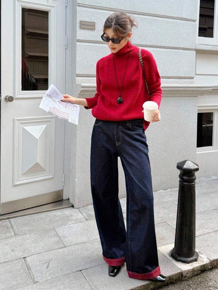 CM-BS215262 Women Casual Seoul Style Dark Wash Contrasting Edge High Waist Extra Long Wide Leg Jeans
