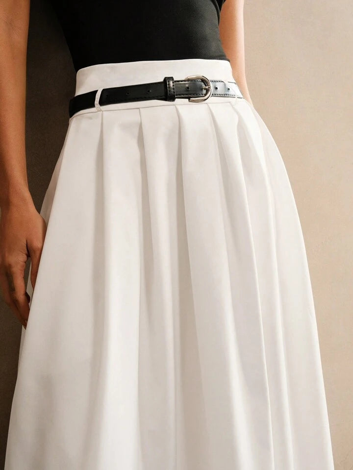 CM-BS004421 Women Elegant Seoul Style High Waist Pleated A-Line Skirt With Belt - White