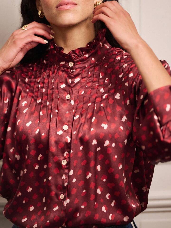 CM-TS271471 Women Elegant Seoul Style Satin Dot-Print Pintuck Ruffle Neckline Long Sleeve Blouse