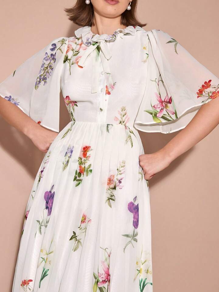 CM-DS117451 Women Elegant Seoul Style Round Neck Floral Pleated Hem Trumpet Short Sleeves Maxi Dress